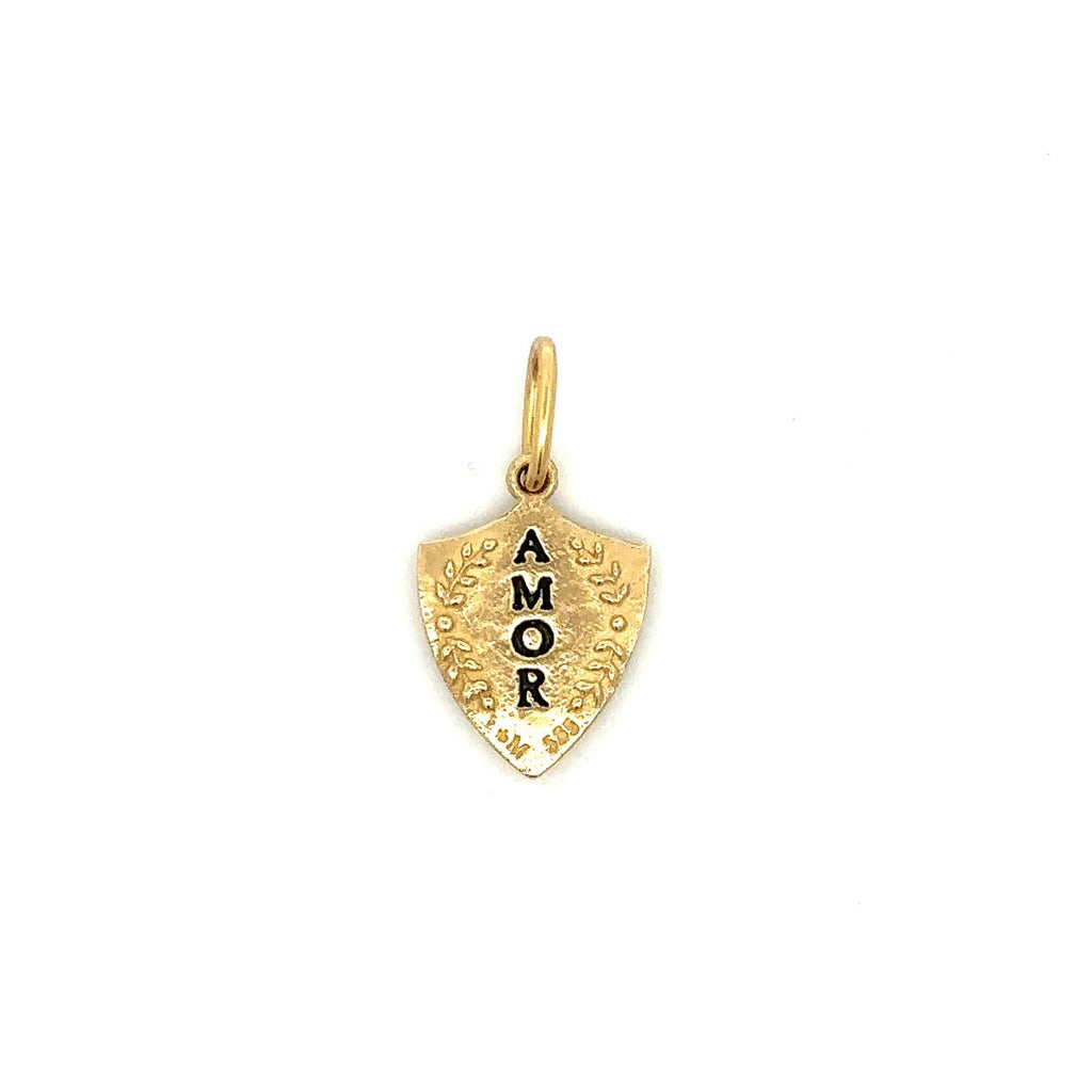 Erica Molinari 14k yellow gold shield shape charm with amor inscribed on the back