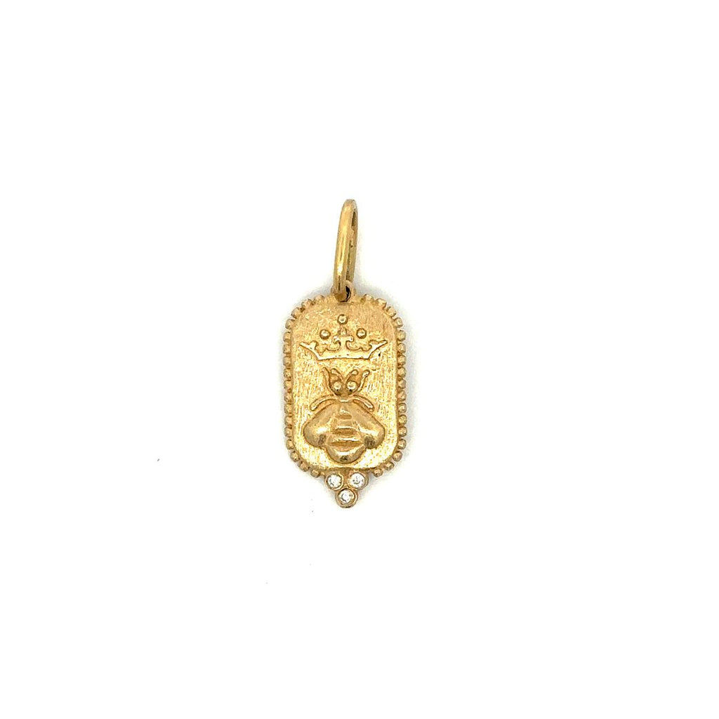 Erica Molinari 14k yellow gold small queen bee charm with "amor" inscribed on the back, meaning "love." Features 3 brilliant round diamonds at the base, front side.