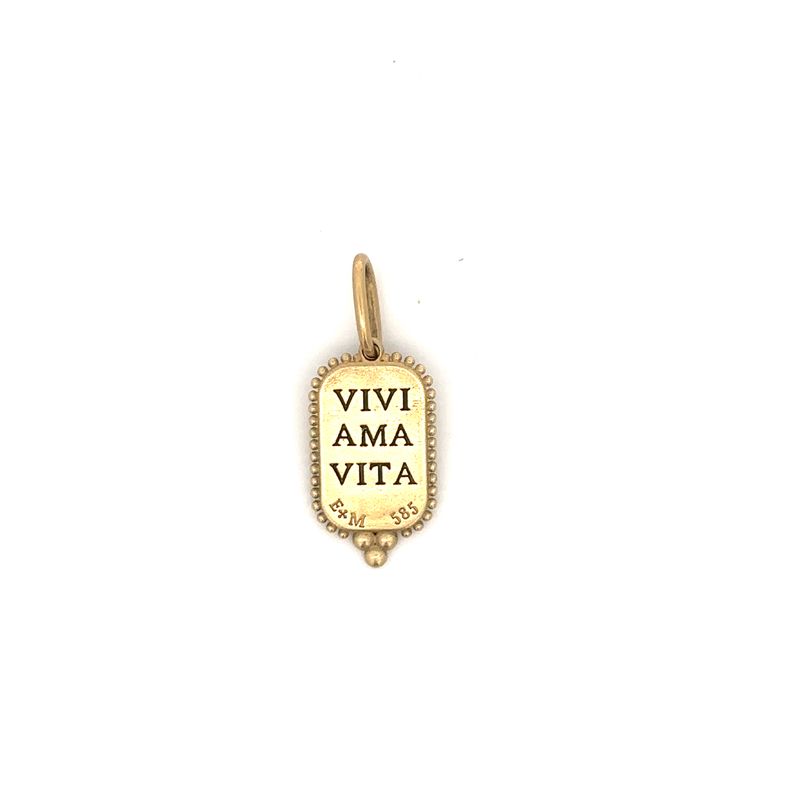 Erica Molinari 14k yellow gold rectangular charm with "Vivi Ama Vita" written. Stamped with E+M 585
