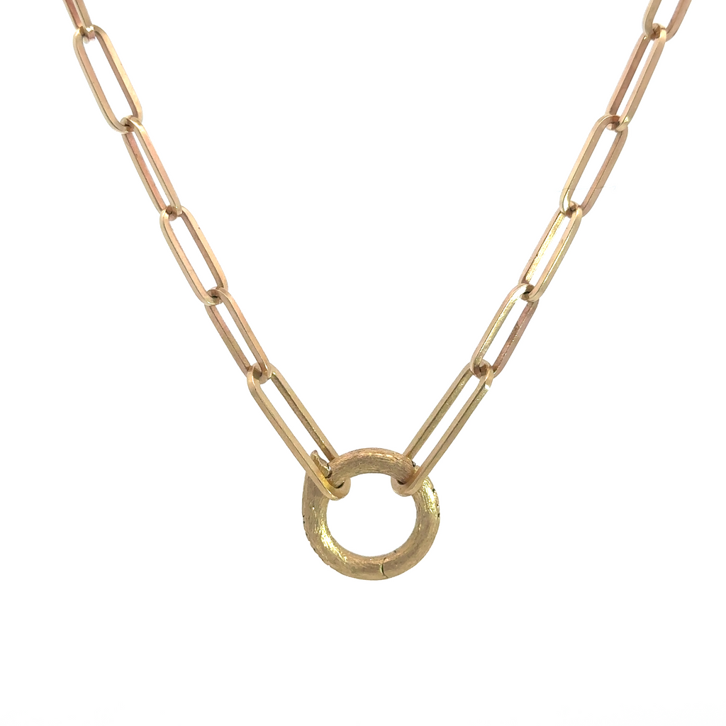 Erica Molinari open end paperclip chain shown with charm holder clasping the open ends together