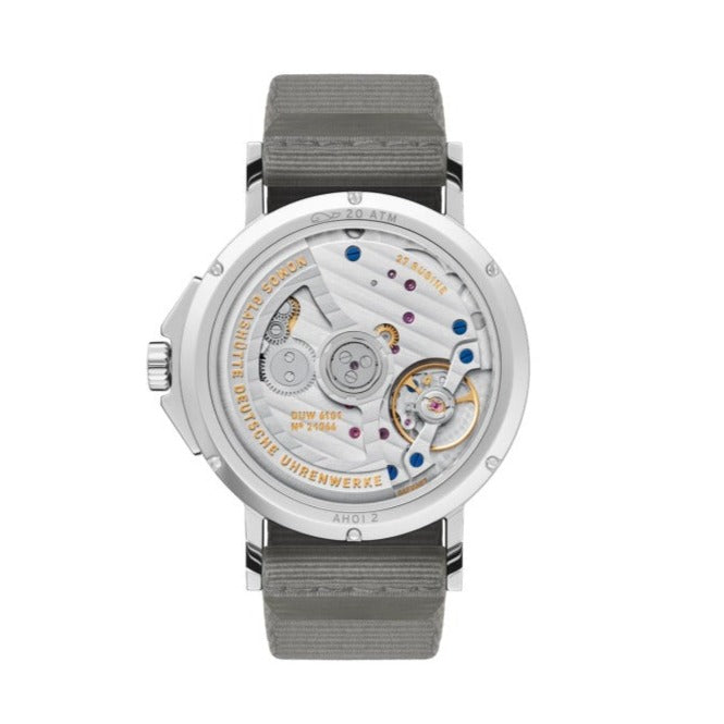 Exhibition back side of Nomos Ahoi Neomatik watch in color Sand