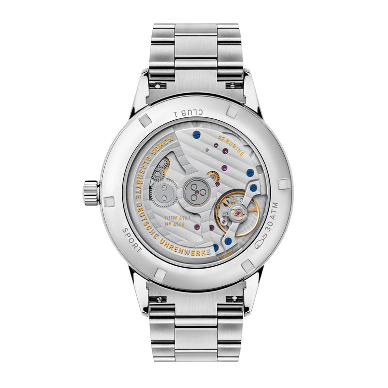 Back of a stainless steel watch with a sapphire crystal case back and bracelet
