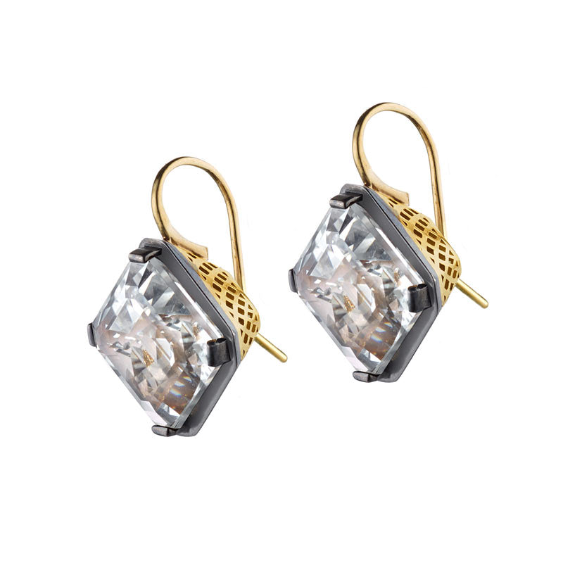 Ray Griffiths 18k yellow gold and oxidized silver white topaz earrings