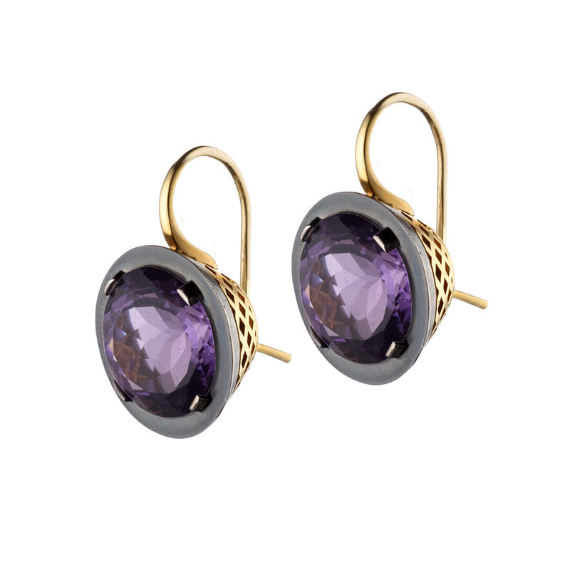 Ray Griffiths 18K Yellow Gold and Oxidized Silver Amethyst Earrings