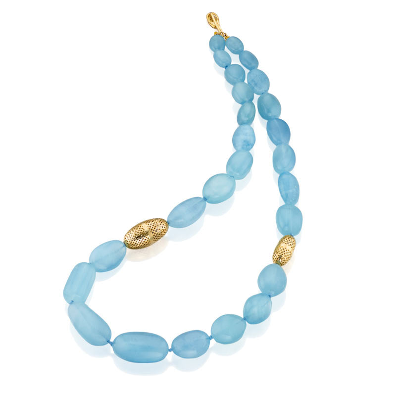 Ray Griffiths Crownwork Beads and Aquamarine Necklace in 18K Yellow Gold