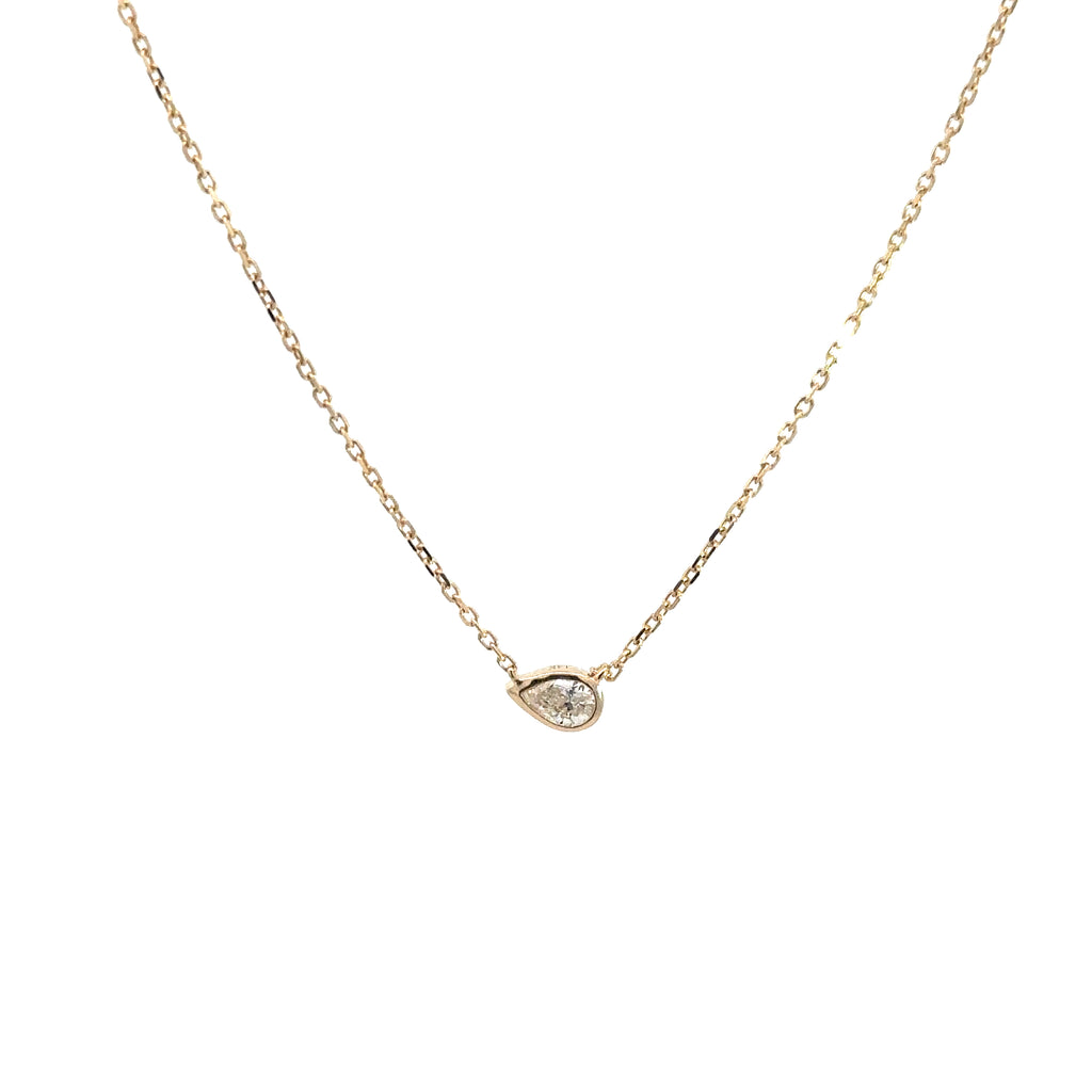 front side of  14k yellow gold pear shape bezel set diamond pendant necklace