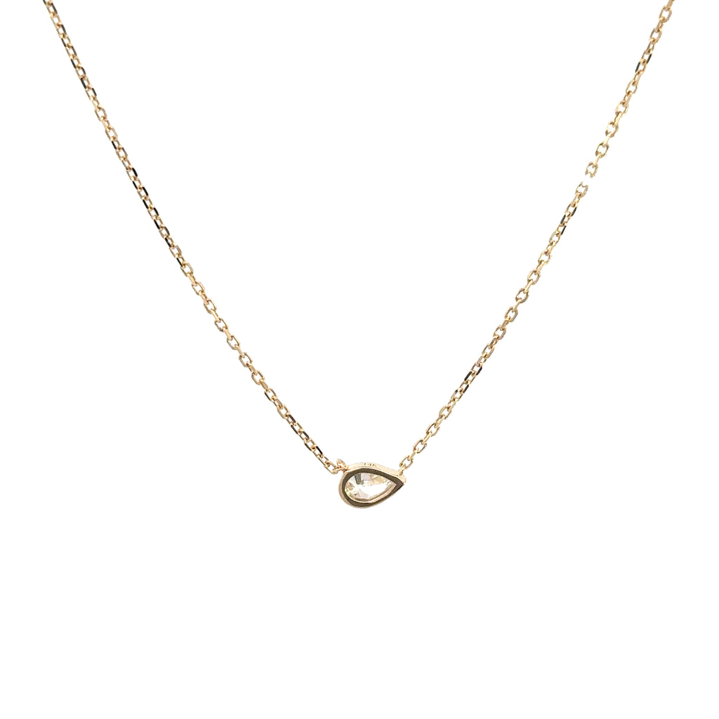 back side of 14k yellow gold pear shape bezel set diamond pendant necklace