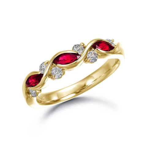 Suwa 18k yellow gold anniversary style band with 3 marquise rubies and 6 round brilliant diamonds