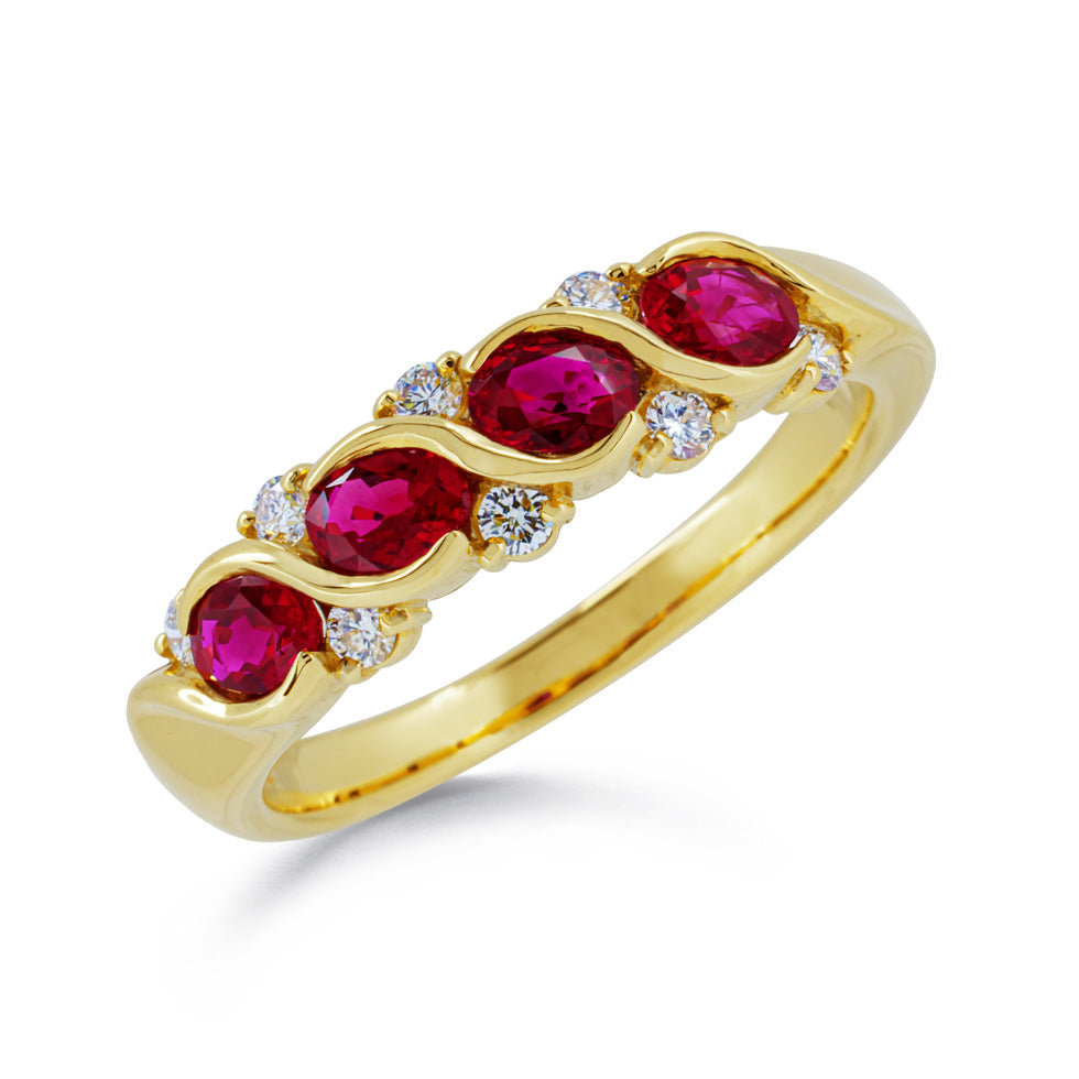 Suwa 18k yellow gold anniversary style band with four oval rubies and 8 round brilliant diamonds