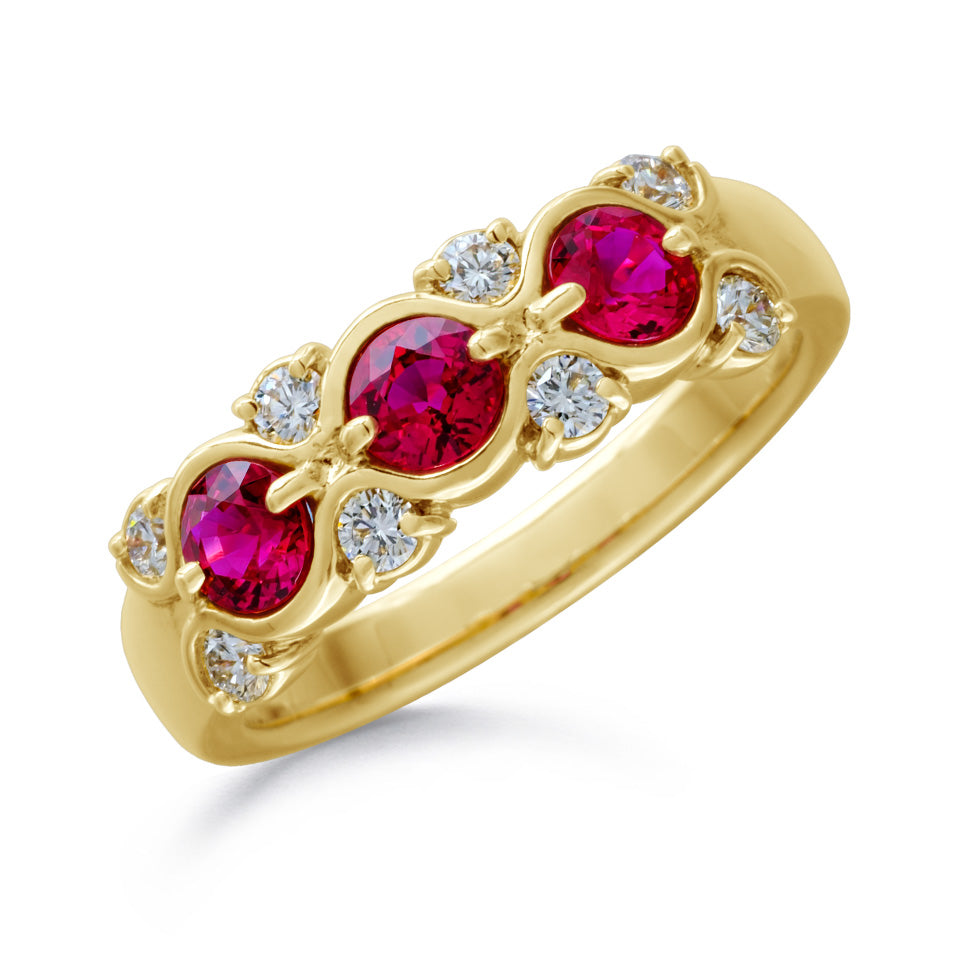 Suwa 18k yellow gold anniversary style band with 3 round brilliant rubies and 8 round brilliant diamonds