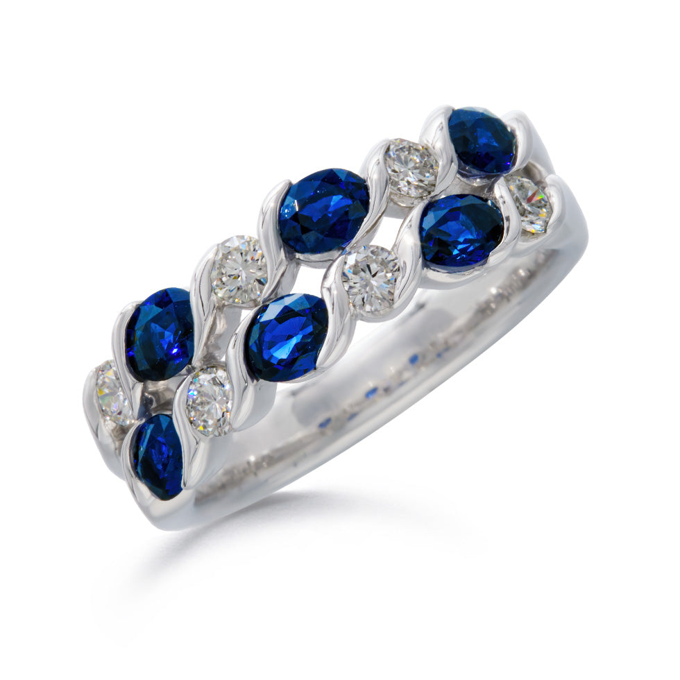 Suwa platinum anniversary style band with 6 oval sapphires and 6 round brilliant diamonds