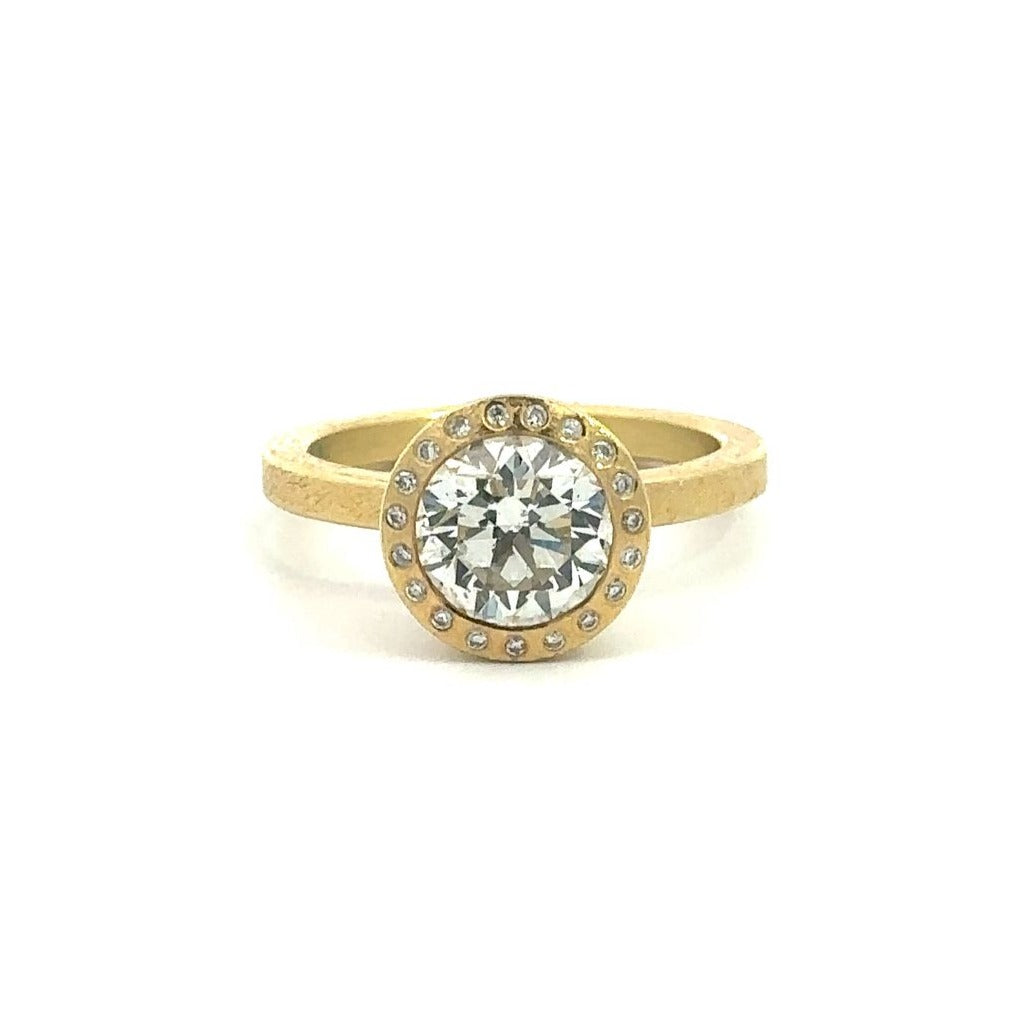 Todd Reed 18k yellow gold diamond ring with halo, front of ring.