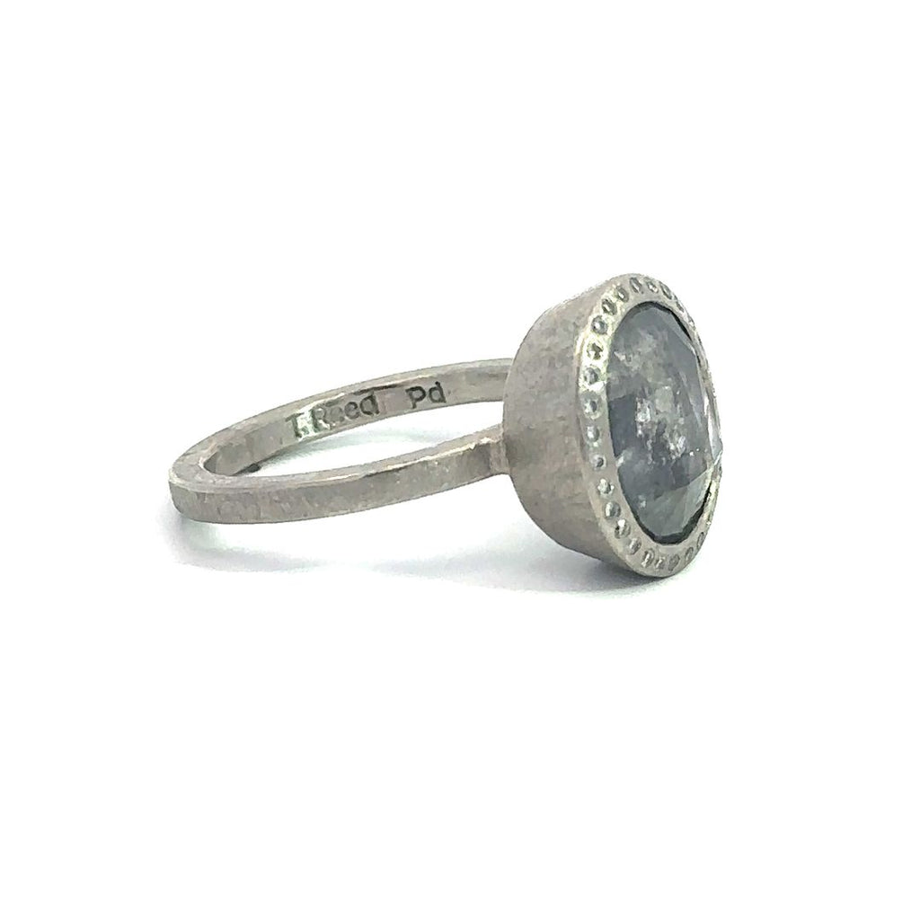 Todd Reed gray diamond engagement ring side profile showing the "T. Reed" and "Pd" stamps on the inside of the band