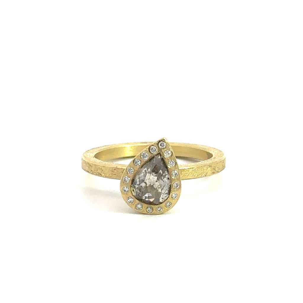 Todd Reed pear shaped diamond and 18k yellow gold ring, front side of ring.