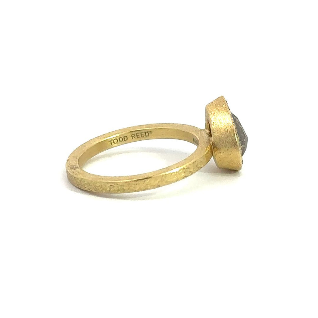 Todd Reed pear diamond and 18k yellow gold ring, back side of ring showing the "Todd Reed" stamp inside the band.