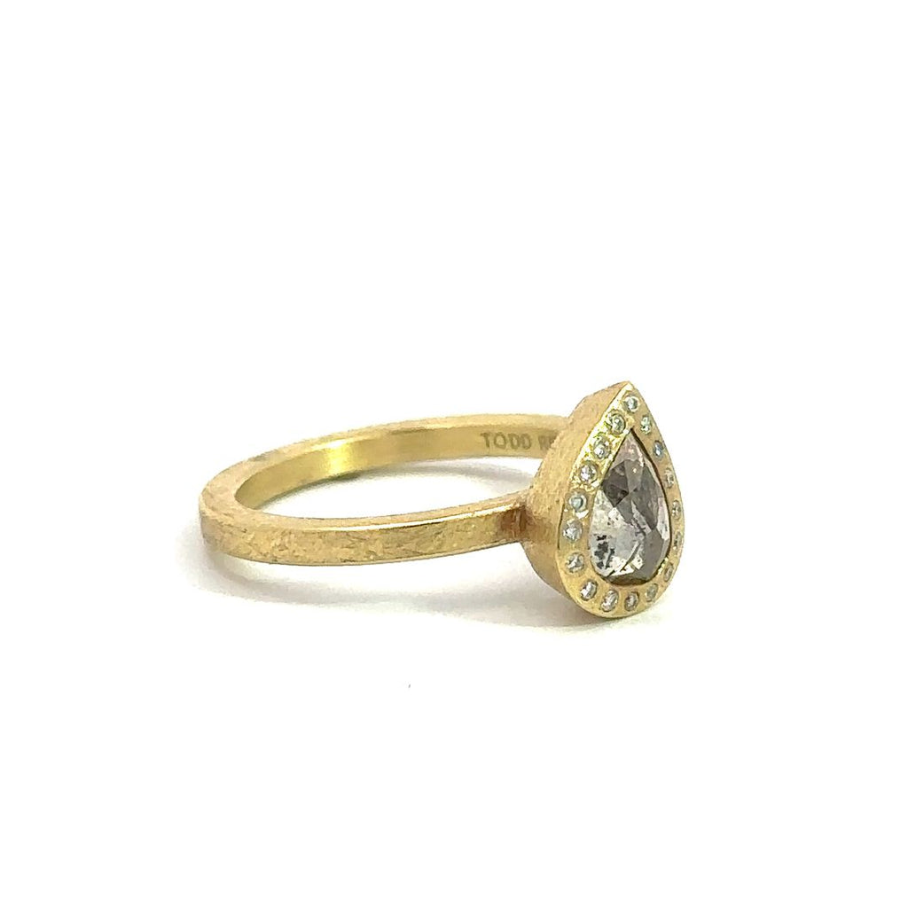 Todd Reed pear diamond 18k yellow gold ring, side angle of ring.
