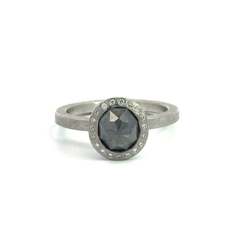 Todd Reed palladium fancy cut diamond ring with halo, front of ring
