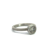 Todd Reed palladium round light brown diamond halo ring, side angle of ring 