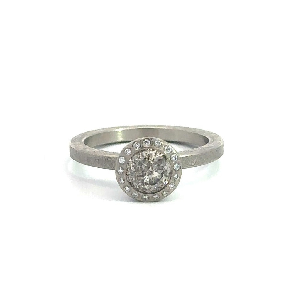Todd Reed palladium round diamond halo ring, front side of ring