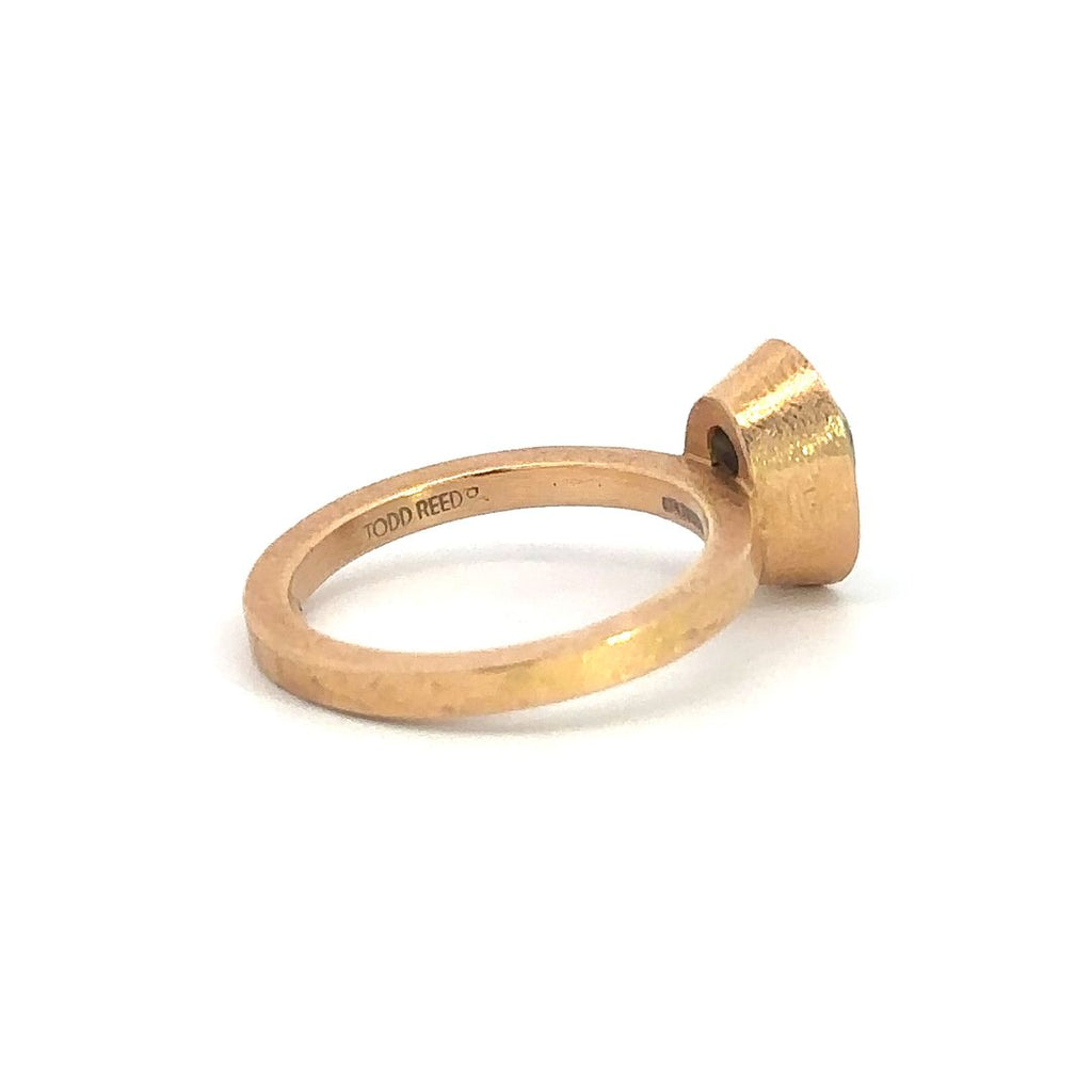 Todd Reed ova gray diamond an d18k rose gold ring, back angle of ring showing the "Todd Reed" stamp inside the band.