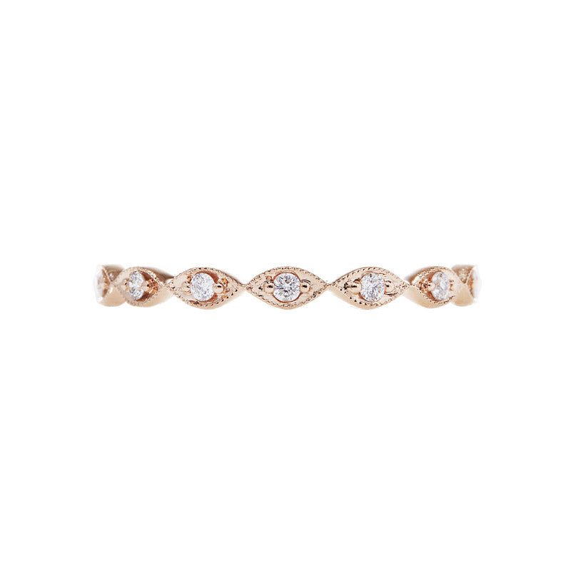 18K rose gold marquise shape eternity ring with round diamonds