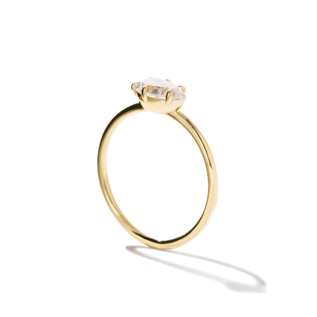 pear cut diamond ring from side to show elegant yellow gold setting for tear-shaped diamond