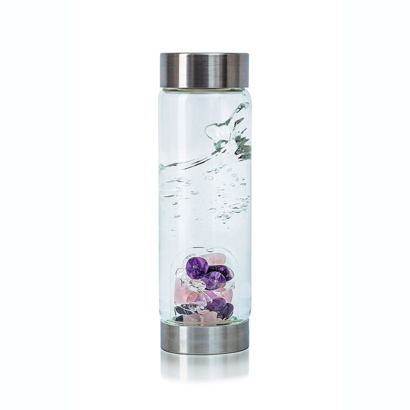 Vita Juwel water bottle with amethyst and rose quartz, silver base and lid