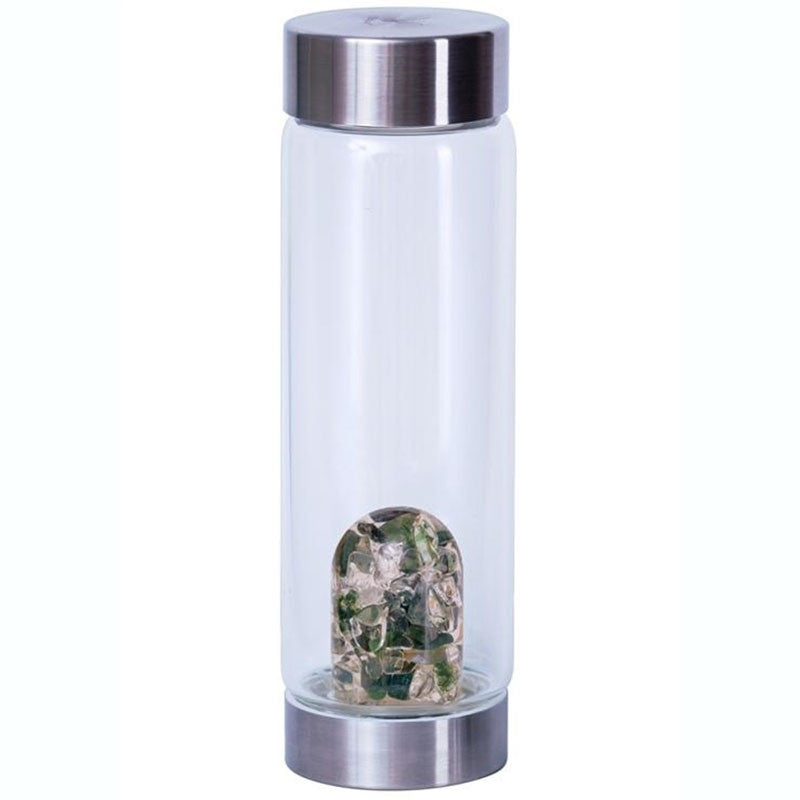 Naturopathic bottle for tea with green moss agate and clear quartz