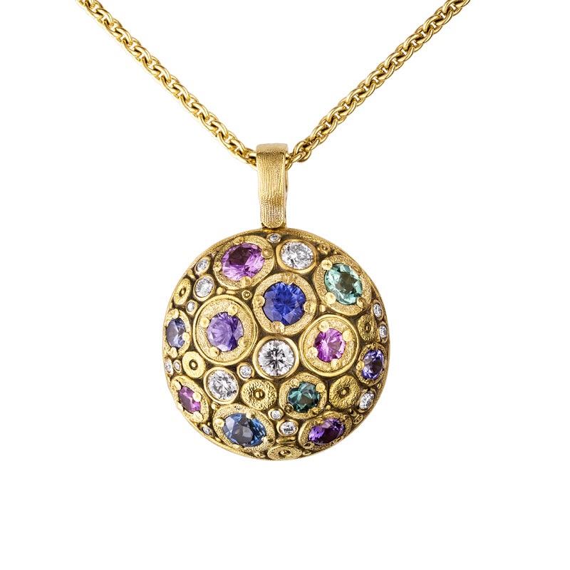 18K yellow gold "Blooming Hill" pendant with diamond and gemstone mix