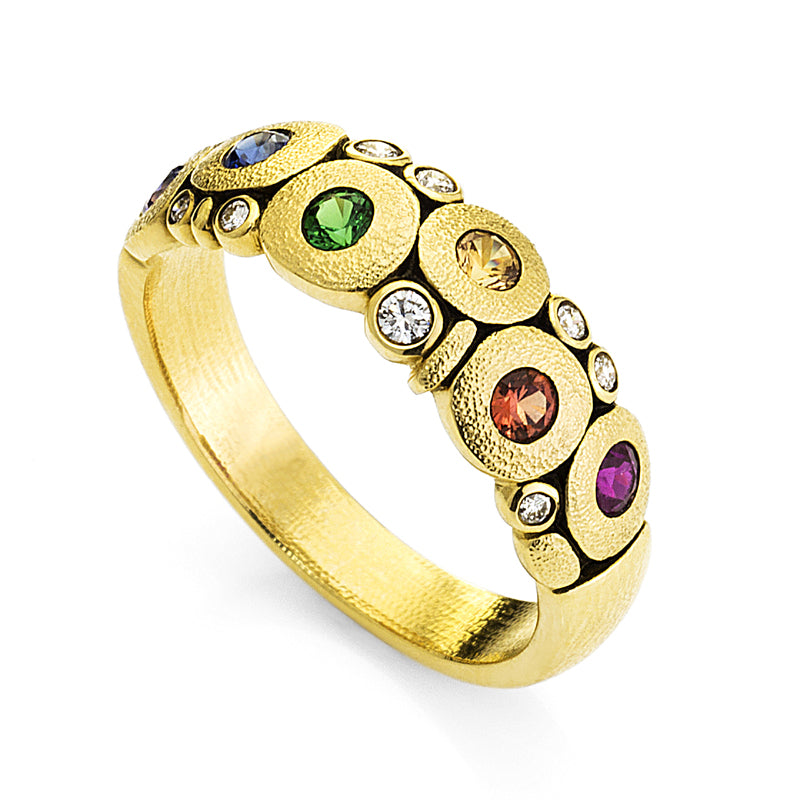 18K yellow gold rainbow Candy ring multi-color sapphires, tsavorite garnet and diamonds