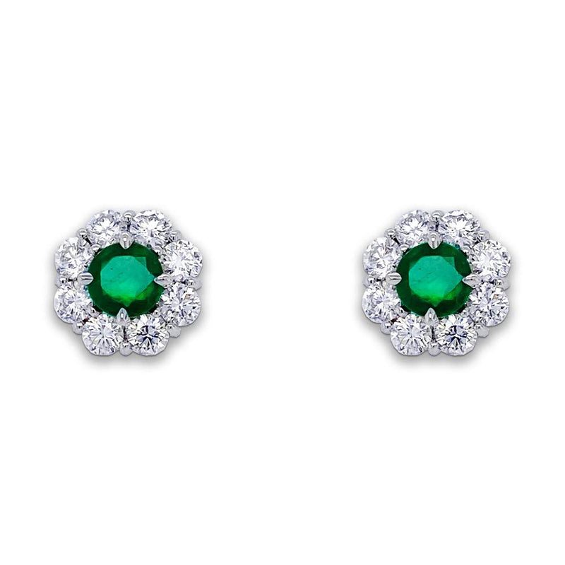 Bayco Jewels Platinum earrings featuring a pair of round Sandawana emeralds, each set within a round colorless diamond surround for pierced ears