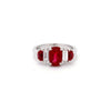Bayco Jewels platinum ring centering a 2.41ct "pigeon's blood" Burma ruby, flanked by baguette colorless diamonds (0.54ctw) and a half-moon Burma ruby on each side