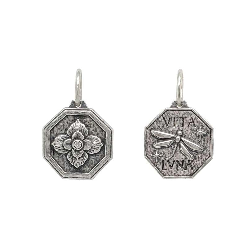 Erica Molinari Sterling Silver and Diamond Ornate Clover and Dragonfly Charm