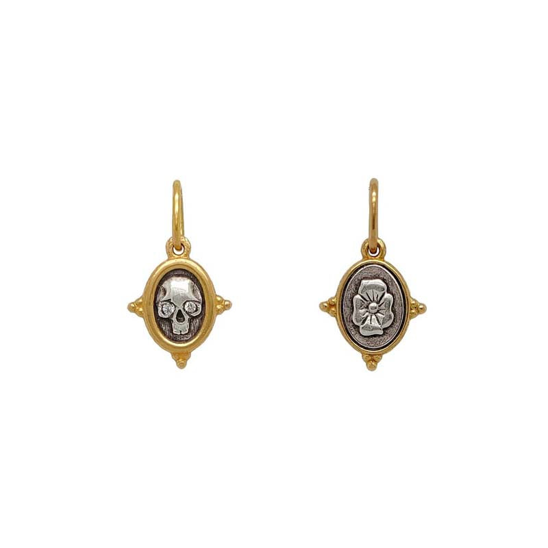 Erica Molinari 18K Gold and Sterling Silver Tiny Skull and Flower Charm