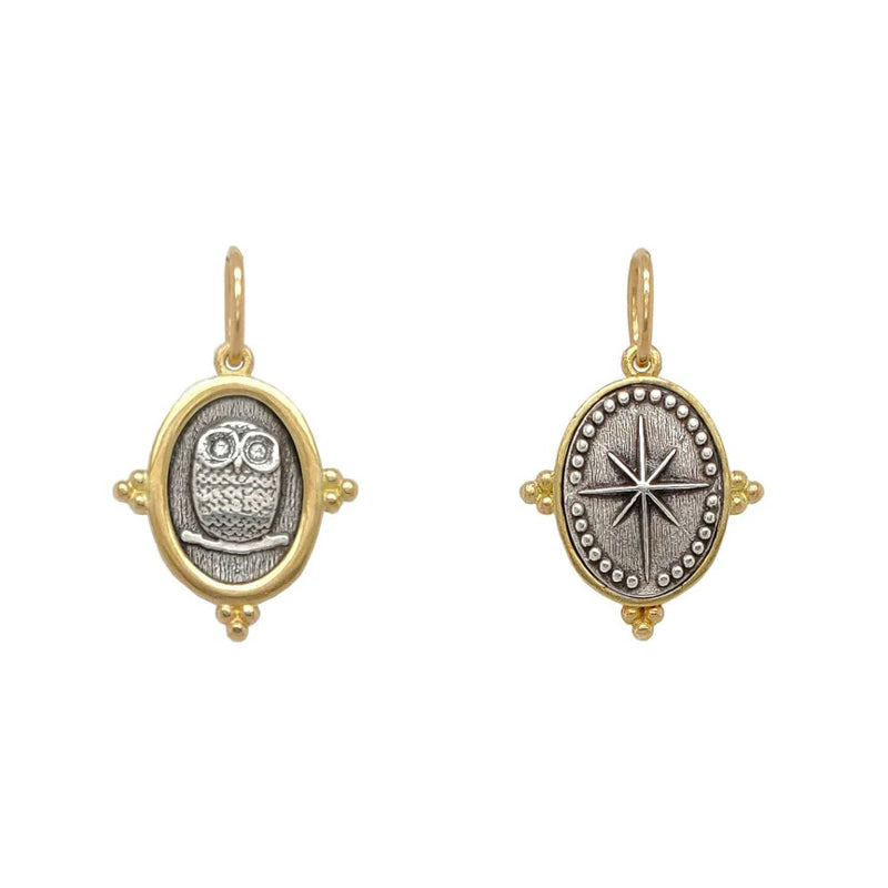 Erica Molinari 18K Gold and Sterling Silver Diamond Baby Owl + North Star Charm