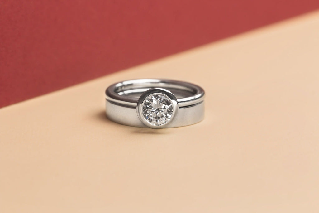 ILA Bezel Round Diamond Engagement Ring 18K White Gold or Platinum with wedding band