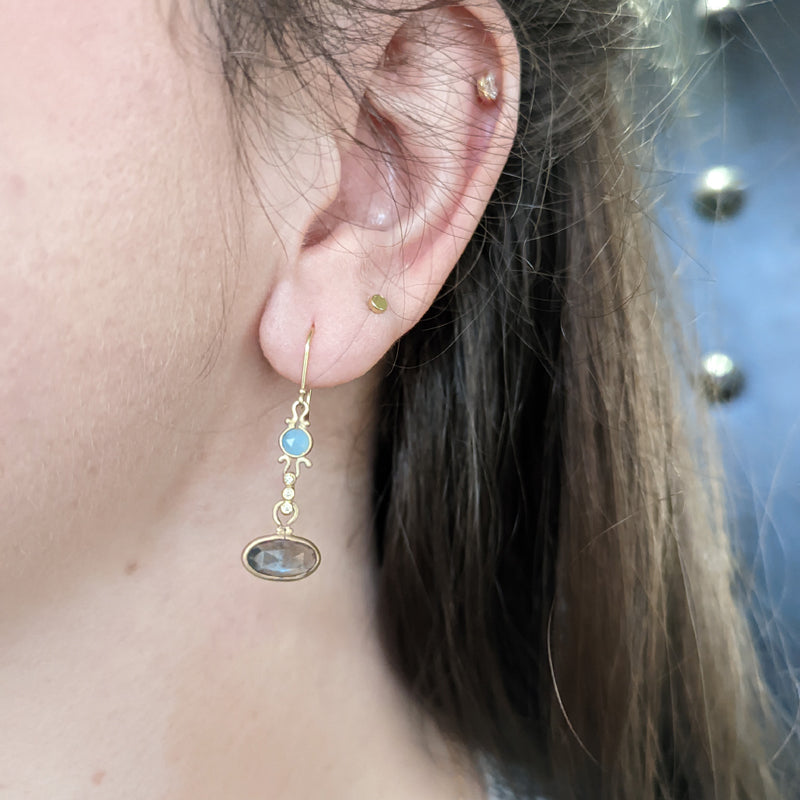 Jennifer Dawes Design 14K Yellow Gold Moonstone and Labradorite Earrings on ear