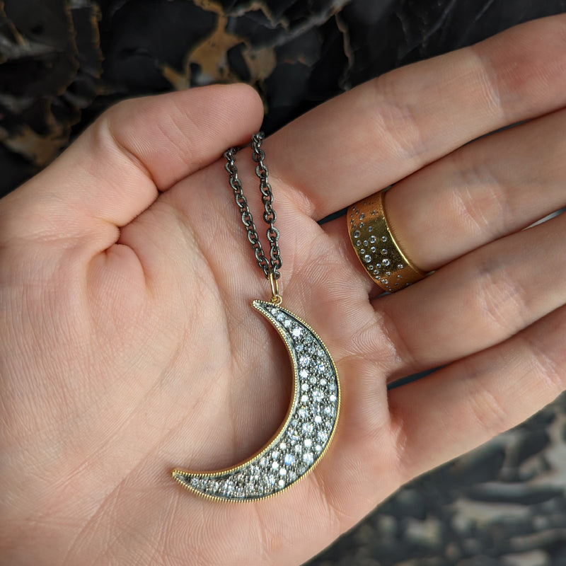 John Apel Diamond Crescent Moon Pendant Necklace - Large, in hand