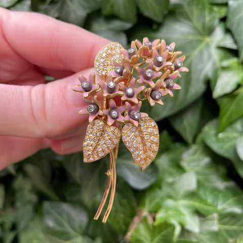 18K yellow gold, diamond and pink enamel flower bouquet brooch, green leaf background