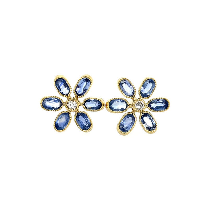 John Apel Sapphire and Diamond Flower Stud Earrings