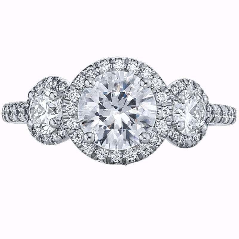 Mark Patterson Diamond and Platinum Three Stone Halo Mounted engagement ring