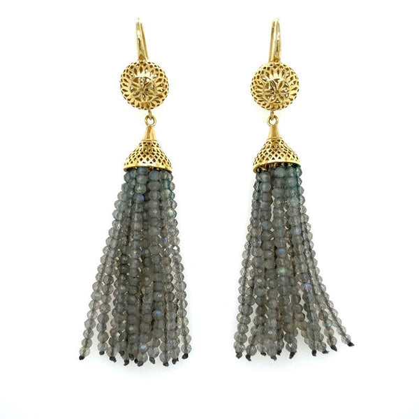 Ray Griffiths 18K yellow gold crownwork tassel earrings featuring labradorite beads for pierced ears