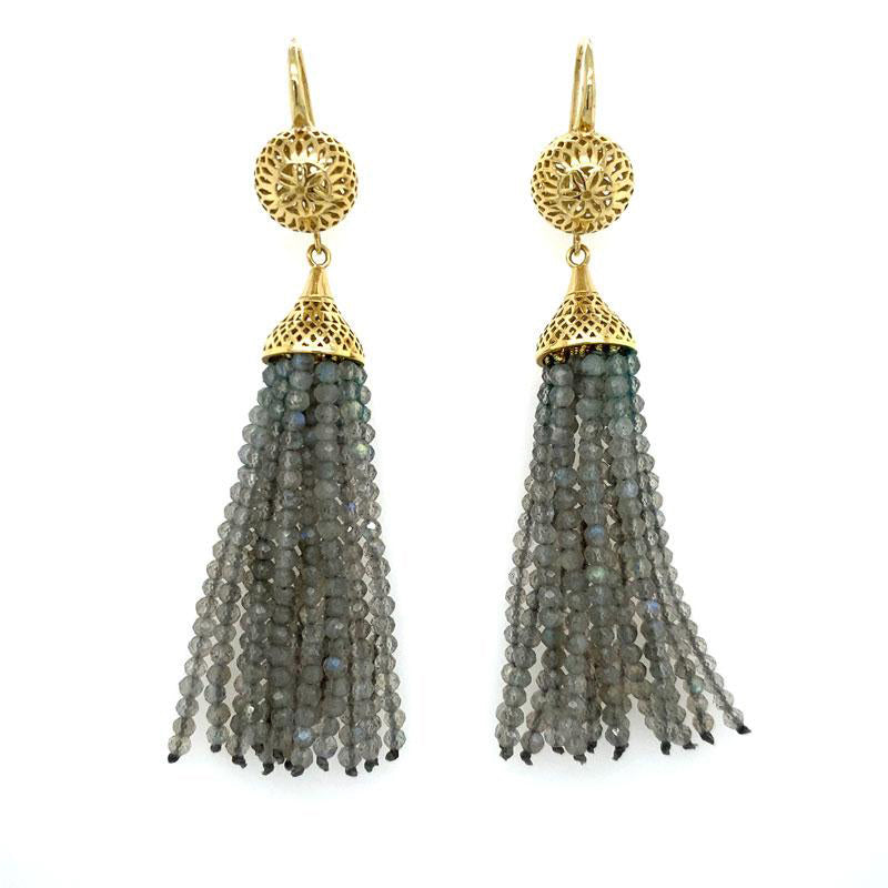 Ray Griffiths 18K yellow gold crownwork tassel earrings featuring labradorite beads for pierced ears
