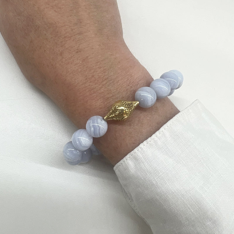 Ray Griffiths Blue Lace Agate Stretch Bracelet on wrist