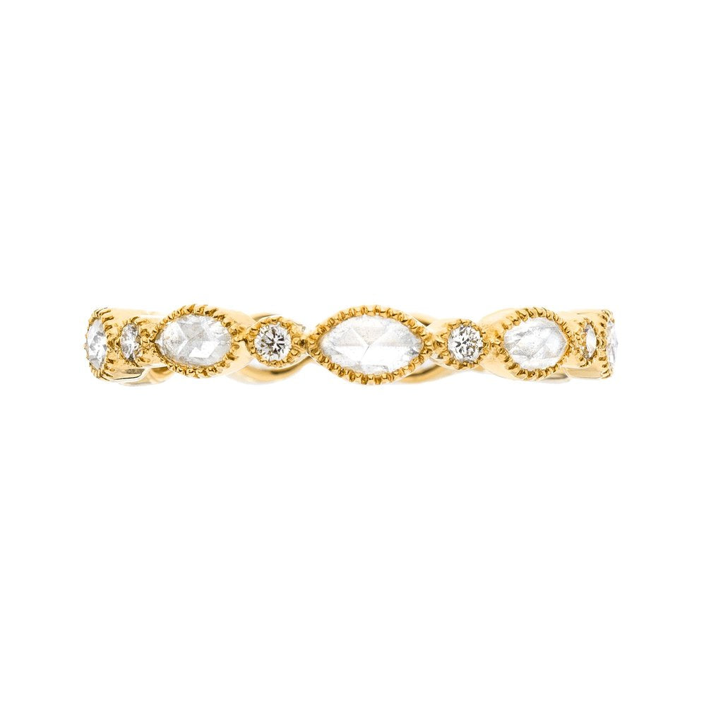 18K yellow gold "Amara" eternity style band with round cut diamonds and marquise shape rose cut diamonds