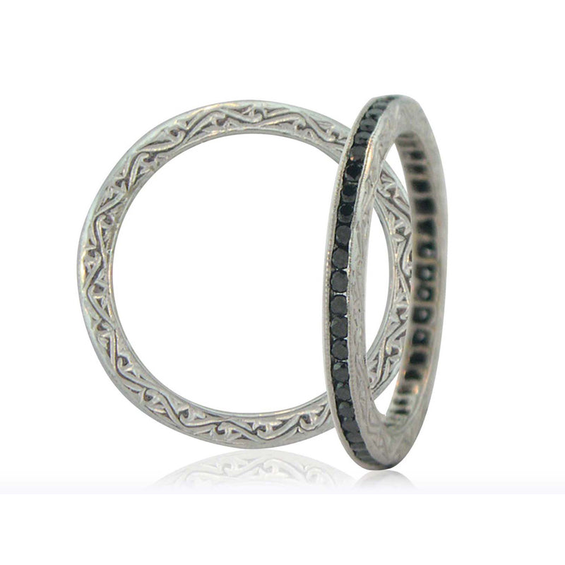 18K white gold channel set black diamond eternity band, showing front view and side view with hand engraving