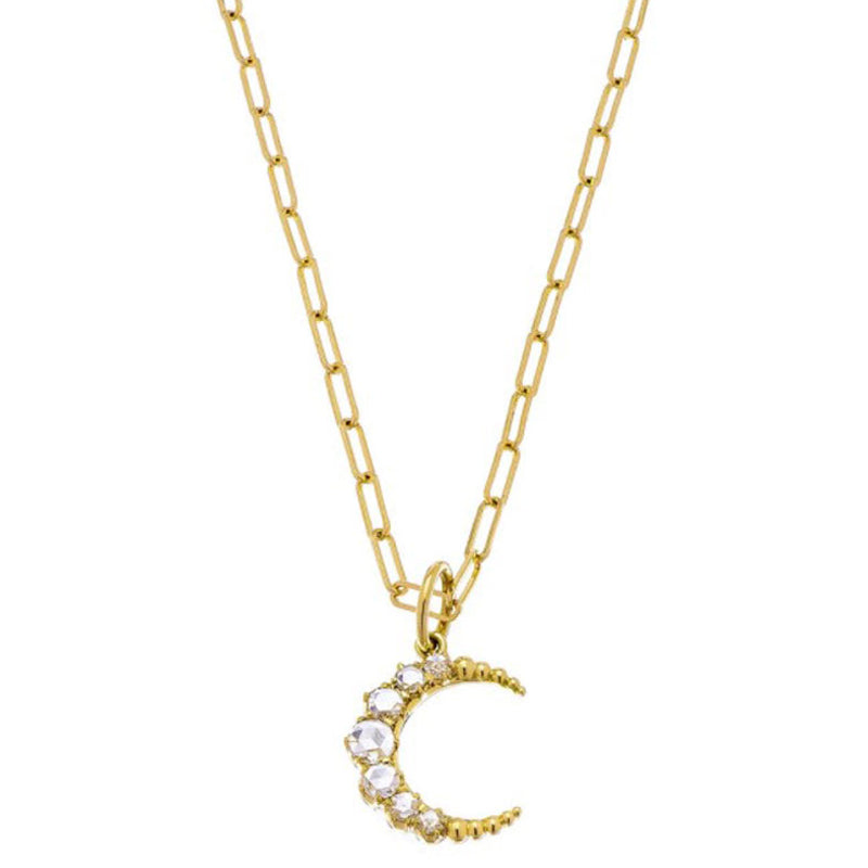 18K yellow gold "Crescent" rose cut diamond pendant with paper clip chain