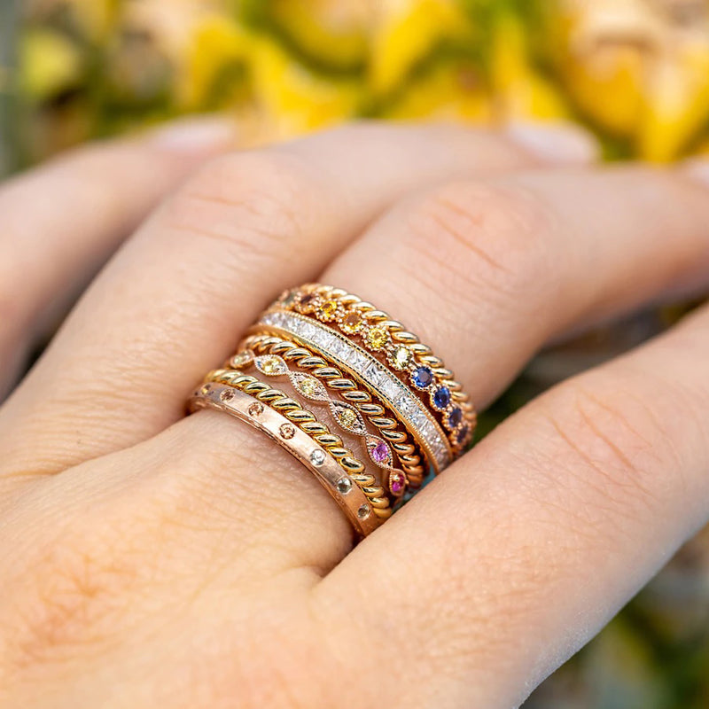 Sethi Couture Rainbow Sapphire Band Stacks on Fingers