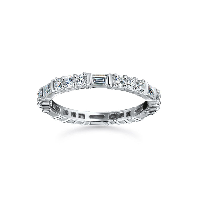 Suwa platinum eternity band with baguette and round brilliant cut diamonds