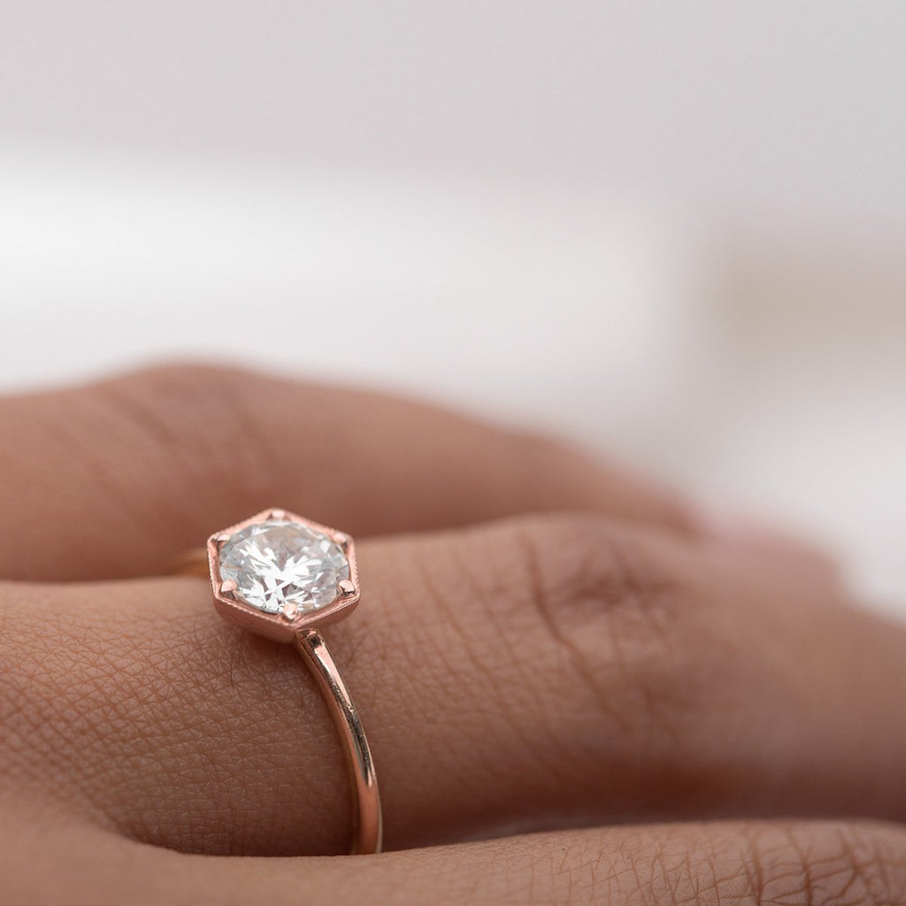 ILA Selene Round Diamond Engagement Ring 18K Rose Gold on hand
